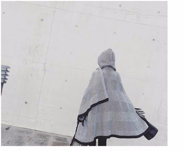 Kvast bohemisk poncho kvinders strikket frakke vinter tørklæder geometriske tykke varme ponchoer og kapper stor størrelse sjal: Default Title