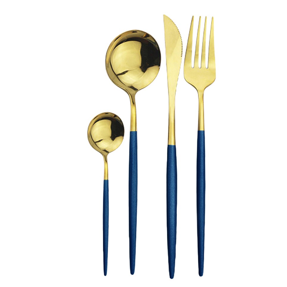 4 pièces/ensemble de couverts en or noir ensemble d'argenterie en acier inoxydable couteau fourchette cuillère ensemble de dîner Rose vaisselle couverts directe: 4Pcs Blue Gold