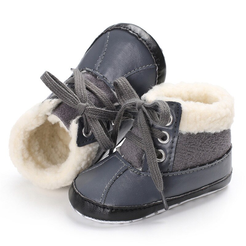 Di modo Appena nato Del bambino Del bambino Dei Ragazzi Scarpe Inverno Stivali Da Neve Morbida Suola Peluche Scarpe Sottopiede anti-scontrino di Pizzo su scarpe Da Ginnastica 0-18 m