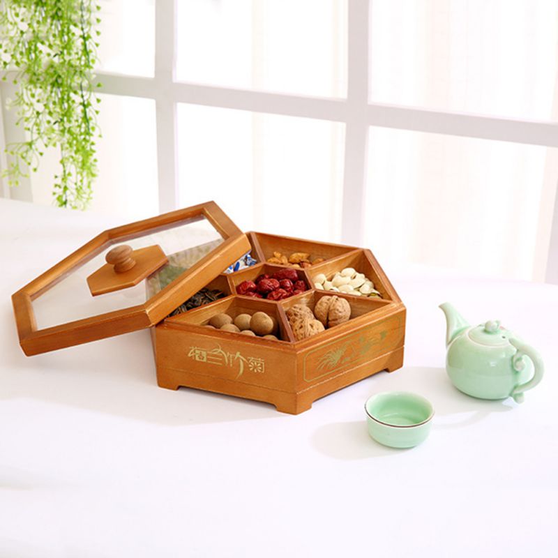 Wooden Candy Box With Lid Snacks Storage Dispenser Nut Dried Fruit Server Display Plate Tray For Home Party Wedding Decor PL