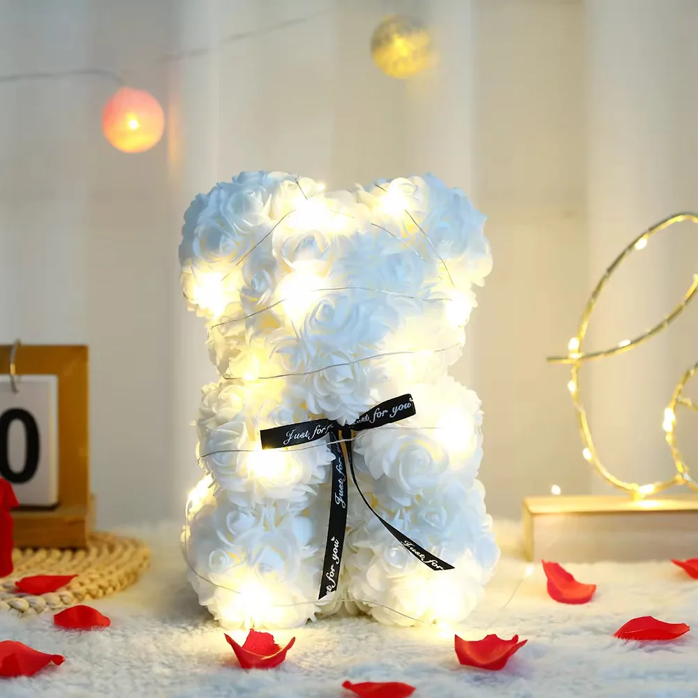 Oso de flor rosa de peluche Artificial de 25cm con caja, romántico del Día de San Valentín, suministros para de boda y aniversario para novia y mujer: Negro