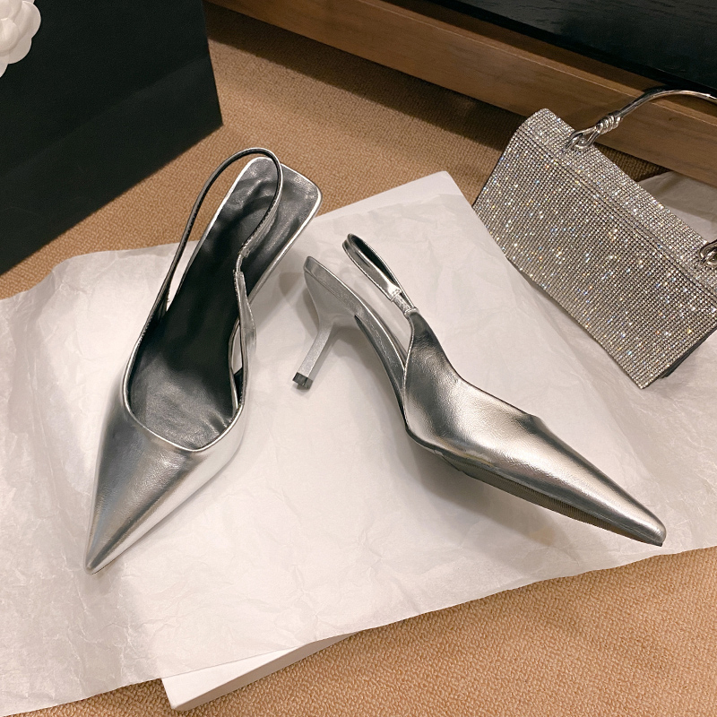 Zapatos de tacón alto sin cordones para mujer, sandalias de oficina y carrera, Punta puntiaguda, Sexy, verano, nueva: Plata / 41