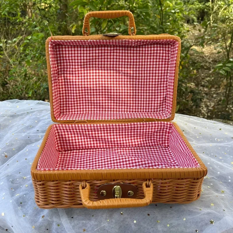retro Rattan Koffer handgemachte Weide Picknick Lagerung Korb Reise Camping Lebensmittel Snack Gepäck Container Stroh gewebt Koffer: M