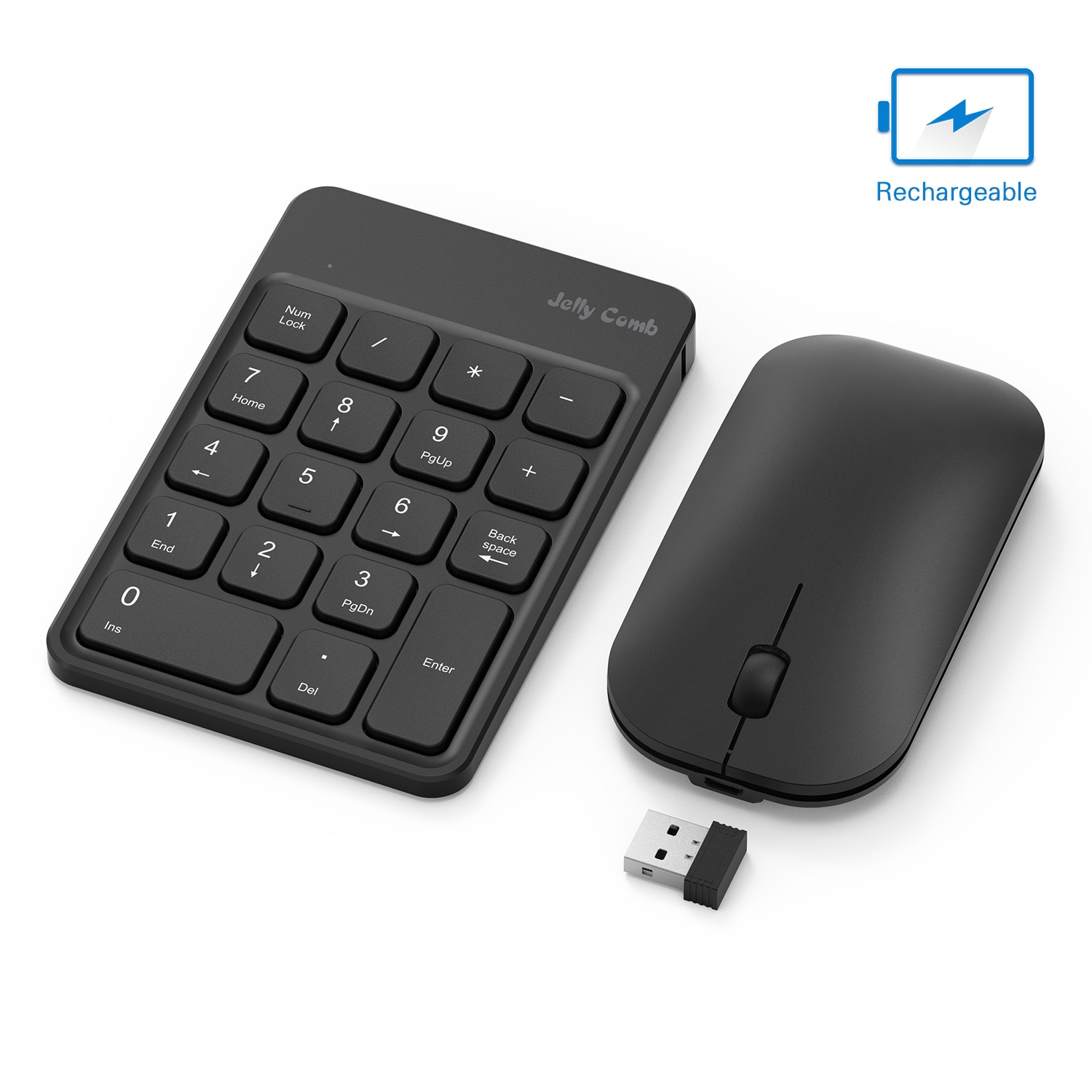 Jelly Comb Wireless Numeric Keypad and Mouse Combo 2.4G Rechargeable Number Keypad &amp; Mouse Set - Sharing One USB receiver