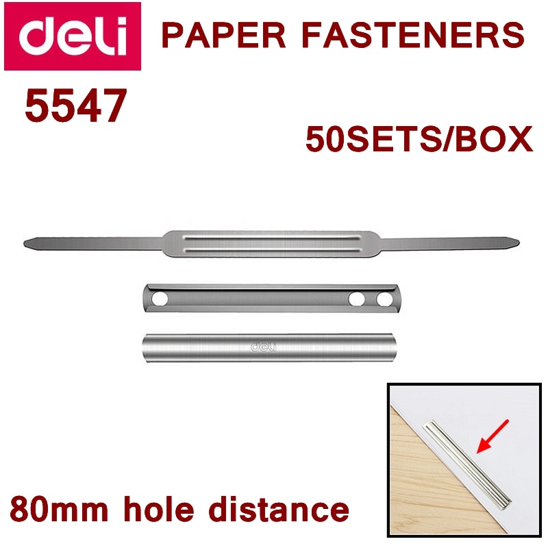 50PCS/LOT Deli 5547 Office documents 2-HOLE Paper fasteners 80mm hole distance steel Documents fasteners