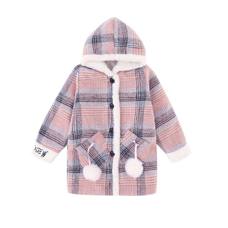 Meisjes hoodies met capuchon, wollen mix, gestreepte dikke ruit, bovenkleding, herfst- en winterkleding voor kinderen, wollen jassen  zl275