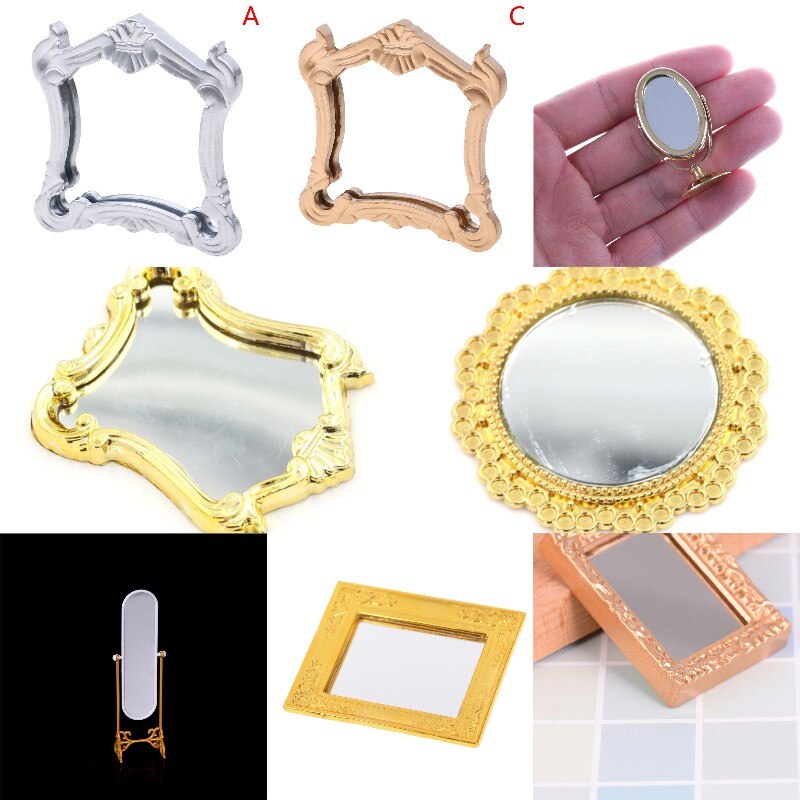 Metal Practical Bathroom House Miniature Vintage Glod Sliver Rose Gold Vanity Mini Mirror 1/12 Scale Dolls Furniture Toy