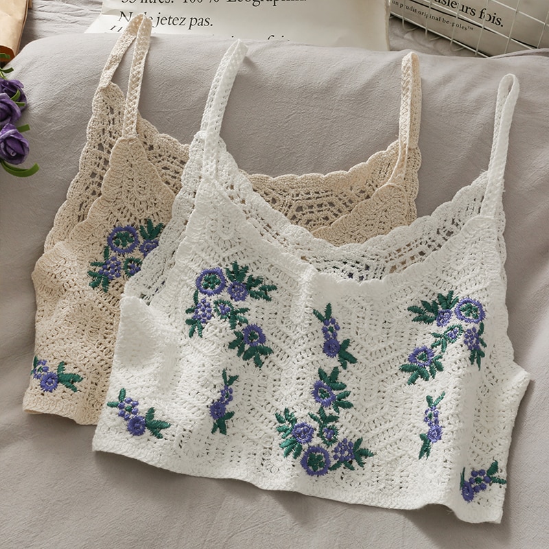 Neulotut crop topit spagettiolkaimet toppi kirjailtu cami hollow perspektiivi slim fit camisole hihattomat ins