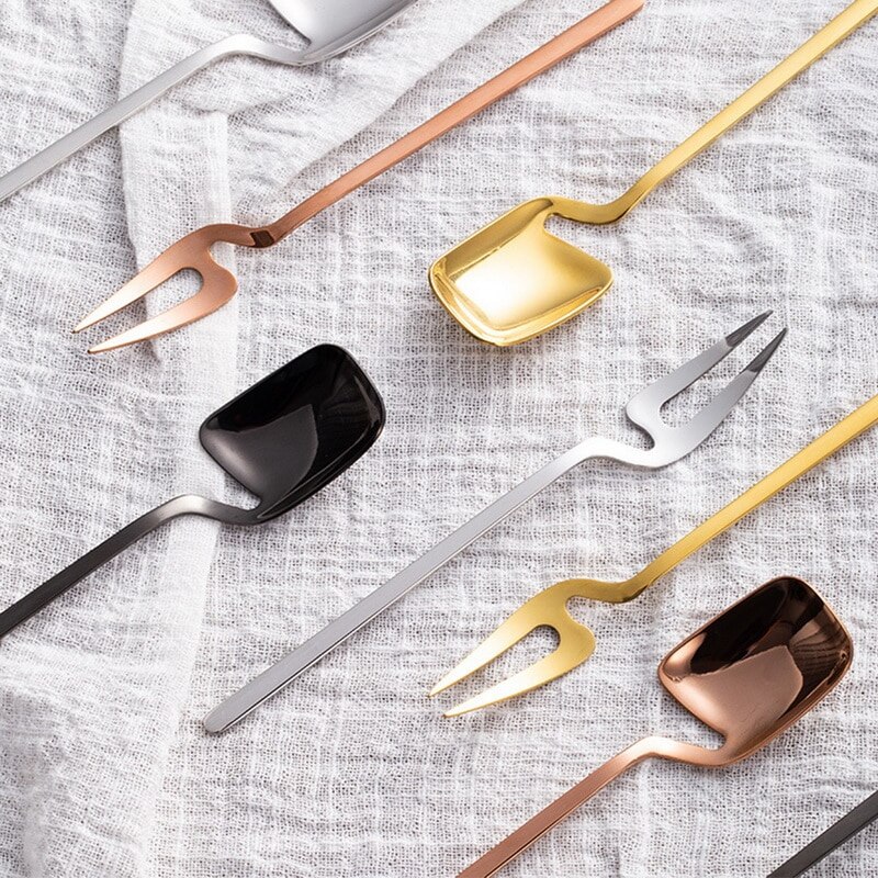 Stainless Steel Spoon Long Handle Ice Cream Scoop Tea Coffee Mixing Spoon Dessert Fruit Fork Home Kitchen Decorative