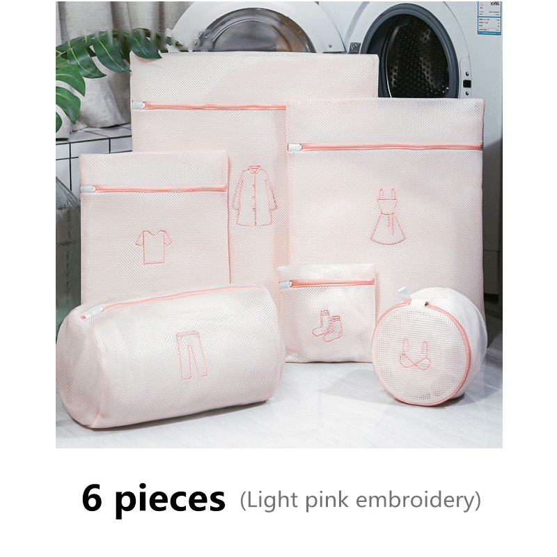 Conjunto de bolsa de lavandería bordada, bolsa para lavar ropa interior, sujetador, bolsas de lavado, cesta de lavandería de malla de poliéster, Kits de lavado plegables para el hogar, 1 Juego: Upgrade pink 6 pcs