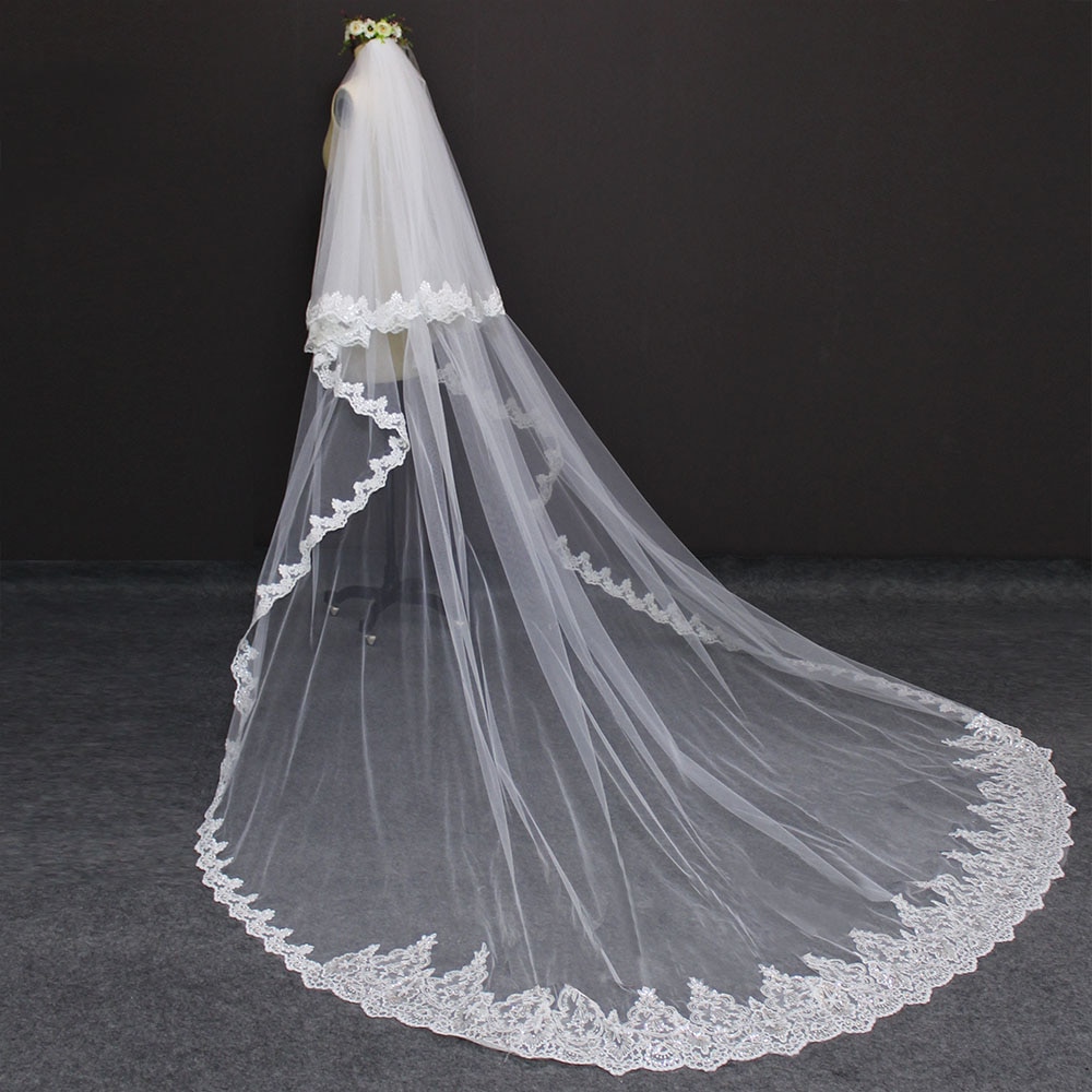 2 Schichten Lange 3 M Hochzeit Schleier 3 Meter 2 T Pailletten Spitze Abdeckung Gesicht Weiß Elfenbein Braut schleier Braut Zubehör