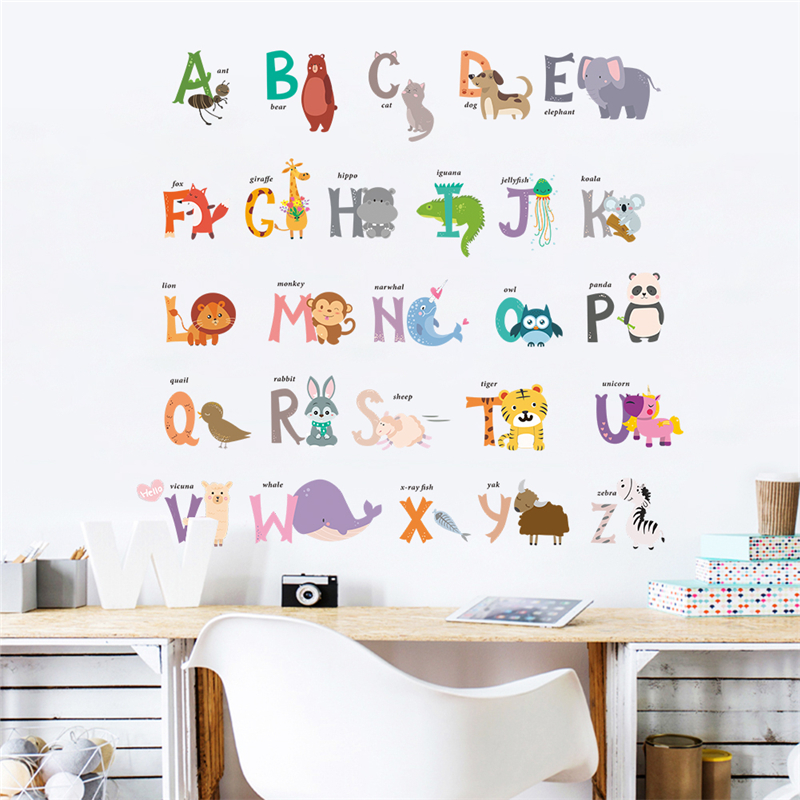 Tegneserie dyr 26 abc alfabet ord væg klistermærker soveværelse børnehave hjem indretning pvc vægoverføringsbilleder diy vægmaleri kunst