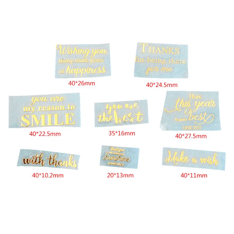 Pegatinas de palabras de saludo metálicas de papel de aluminio dorado de 8 hojas, calcomanías para decoración para teléfono móvil 57BB