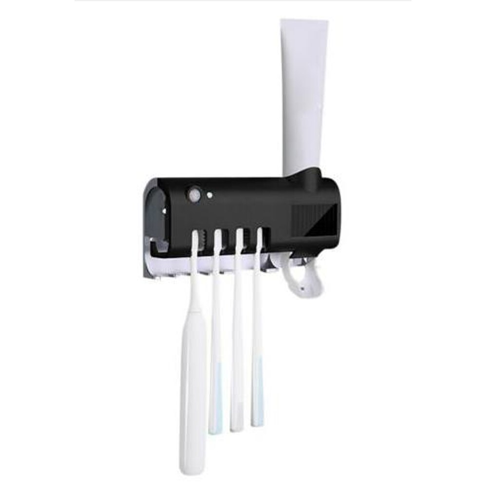Uv-licht ultraviolet tandenborstel sterilisator tandpasta dispenser knijpers desinfectie automatische tandenborstelhouder thuis badkamer: Zwart