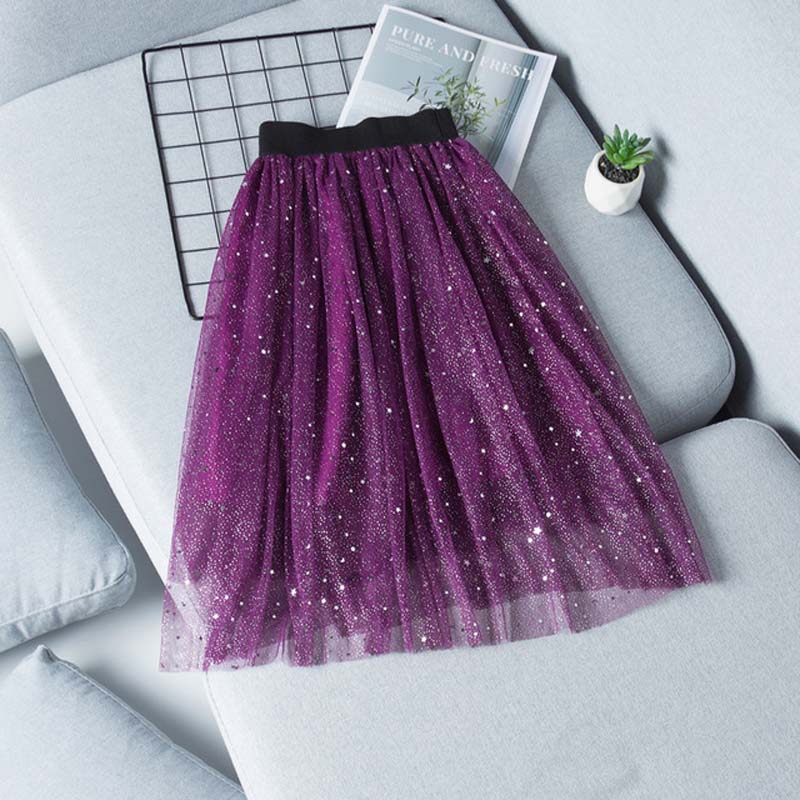 Flickor tutu kjol paljett stjärnor tjej mesh kjolar tonårsflickor medium lång kjol 4-13y rt486: Lila / 7