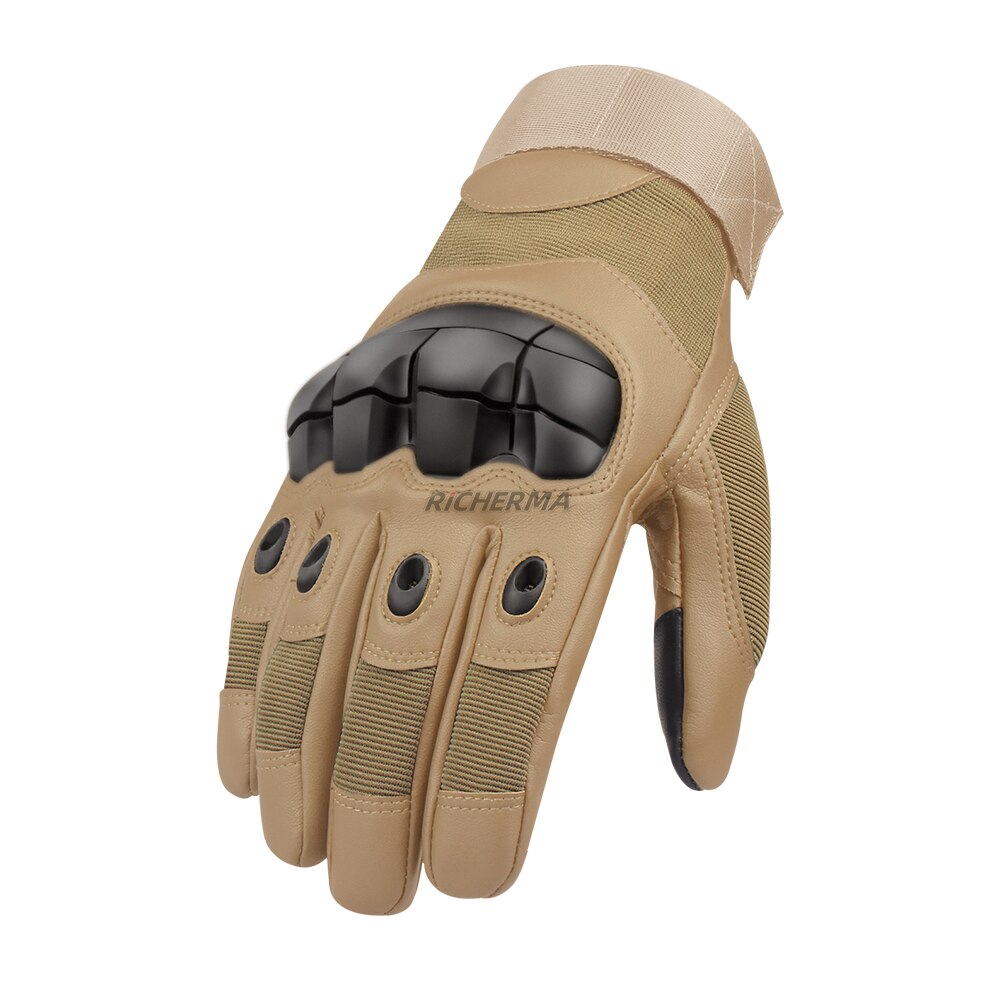 Touchscreen Leather Motorcycle Gloves Full Finger Hard Knuckle Winter Summer Motocross Motorbike Gloves Moto Biker Riding Gloves: Full Finger - Khaki / XL