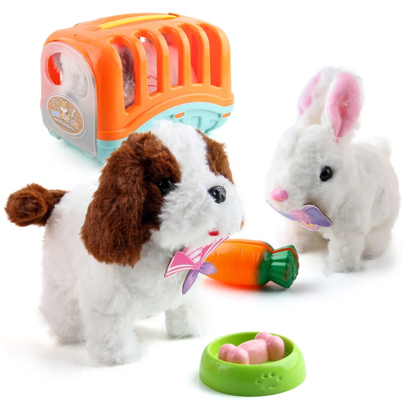 Bonito simulação elétrica cão coelho brinquedos de pelúcia sons andando robô inteligente filhote de cachorro brinquedo elétrico