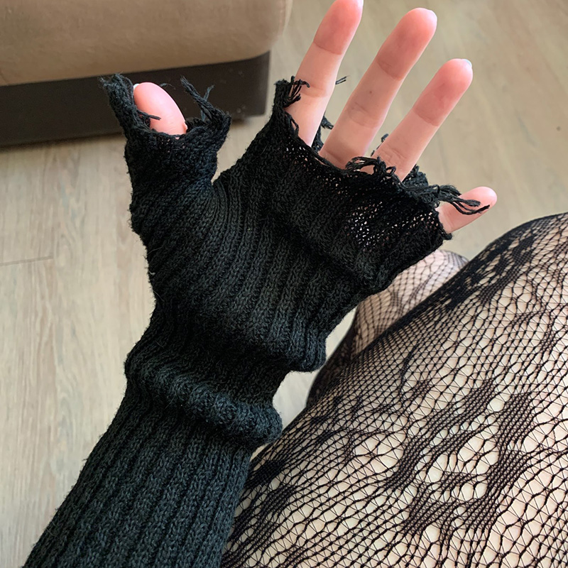 1 par de guantes negros Punk Unisex sin dedos guantes de punto mujeres hombres hasta el codo mitones roto estiramiento guantes calentadores de brazo