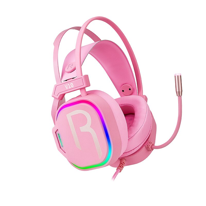 Gaming hörlurar med mikrofon kabelanslutna usb 7.1 dator hörlurar bas stereo musik gamer pc headset för kontor laptop: Rosa