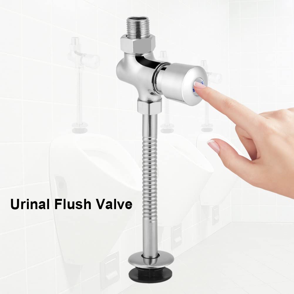 Button Type Urinal Flush Valve, Bath Toilet Urinal Flush Valve Assy with Bend Pipe, Urinal Chrome Supply Exposed Fittings