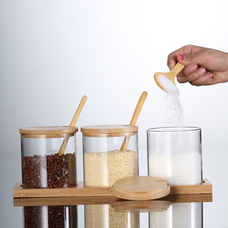 Spice Jars Kitchen Transparent Condiment Salt Pepper Storage Containers with Wood Spoon Bamboo Lid Sugar Coffee Seasoning Bottle