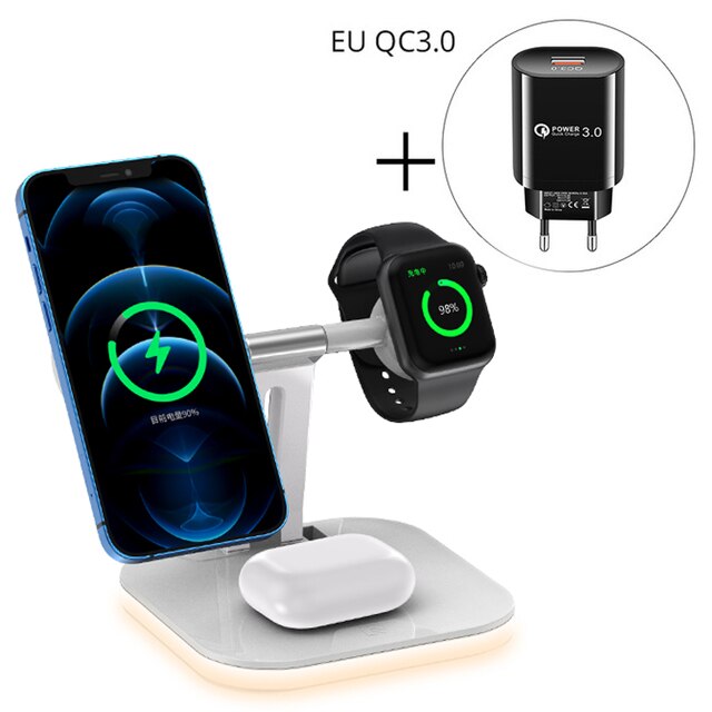 3 In 1 Magnetische Snelle Draadloze Oplader Voor Magsafe Iphone 12 Pro Max 15W Qi Draadloze Opladen Dock Stand voor Apple Horloge Airpods: Blauw