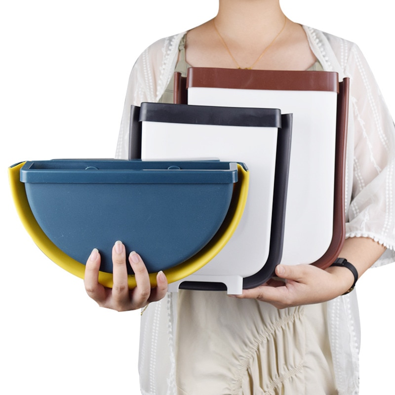 Folding Waste Bins 9L Wall Mounted Kitchen Garbage Can Hangable Kitchen Door Back Cabinet Trash Can Car Waste Storage Bucket