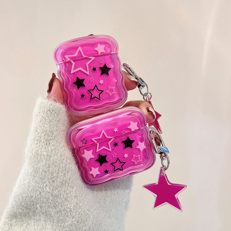 Koreanskt sött hörlursfodral med 3d rosa stjärnor och vågig kant till airpods 1 2 3 med kärlekshjärta och pärlhänge, mjukt fodral till airpods pro 2: 2xs / Röd