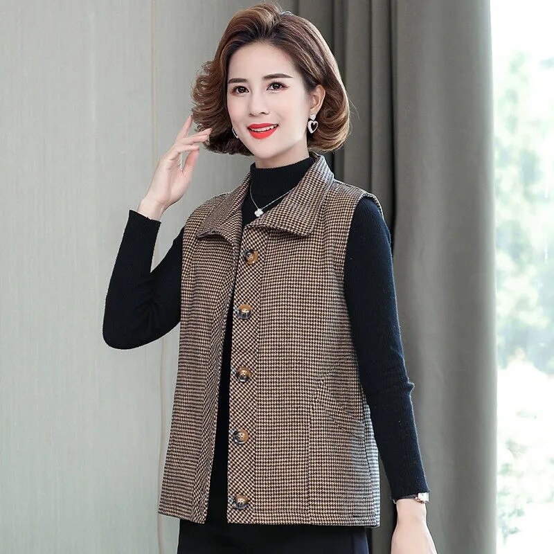 Gilet sans manches à carreaux pour femmes, veste courte, à la , pour mère d&#39;âge moyen et âgée, 5XL, printemps automne 2022