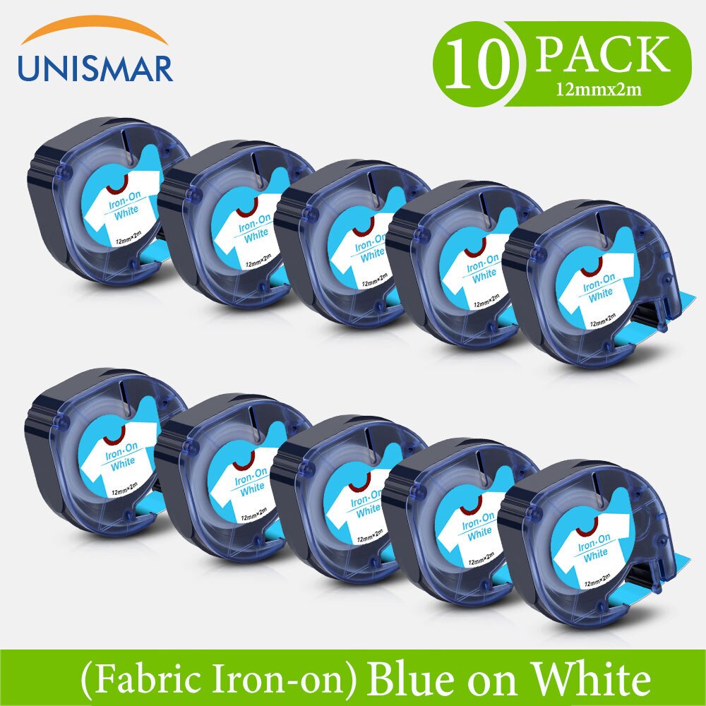Unismar Fabric Iron-On Label Tape - 12mm x 2m - Compatible with Dymo LetraTag Printers: 10PK Blue on White