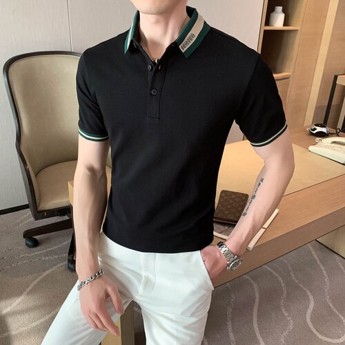 2022 Polo da bavero estivo uomo manica corta Business Social Polo Casual Slim Fit t-shirt da ufficio Streetwear abbigliamento uomo: Black / XL