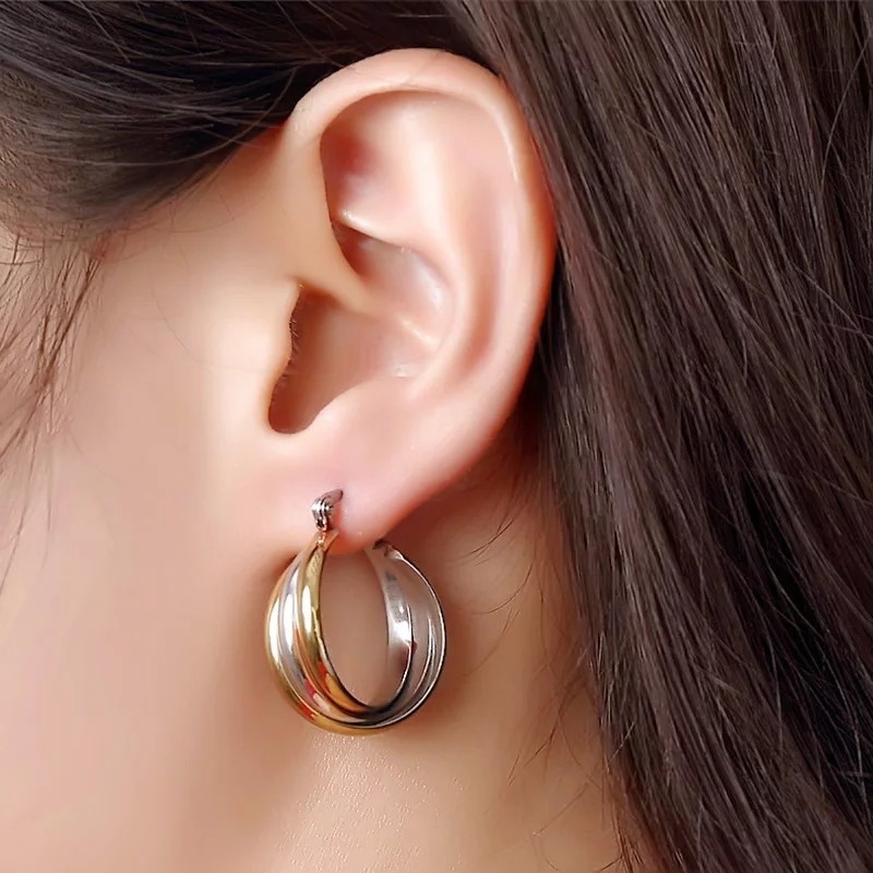 Pendientes de aro de acero inoxidable 316L para mujer, aretes redondos con tres tonos de giro, joyería barata de titanio,