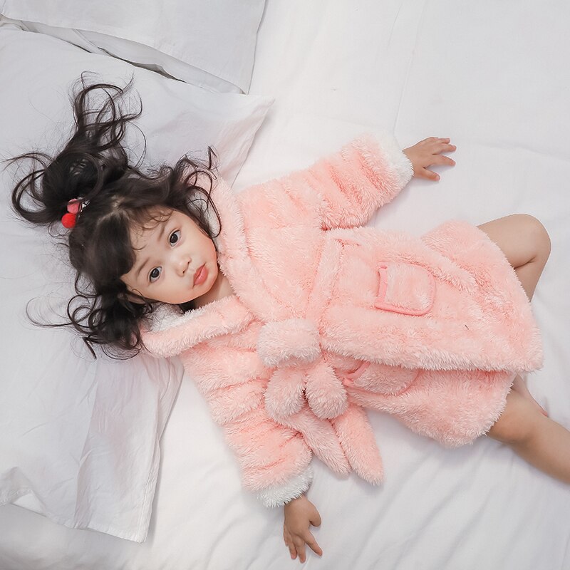 Søde børn småbørn baby piger flannel pink hætte badekåbe børn nattøj sløjfe badekåber natkåbe pyjamas.børnetøj