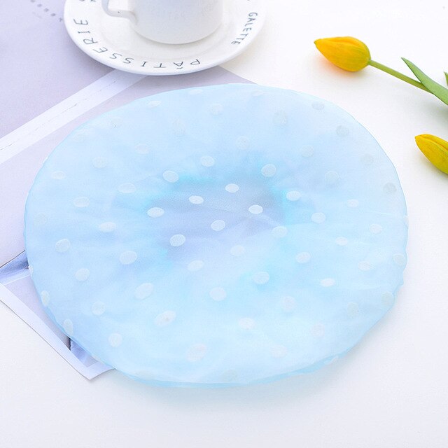 1 PC South Korean and lovely bath cap Adult woman double wave point shower cap Waterproof bath shower cap hat: Dot   Blue