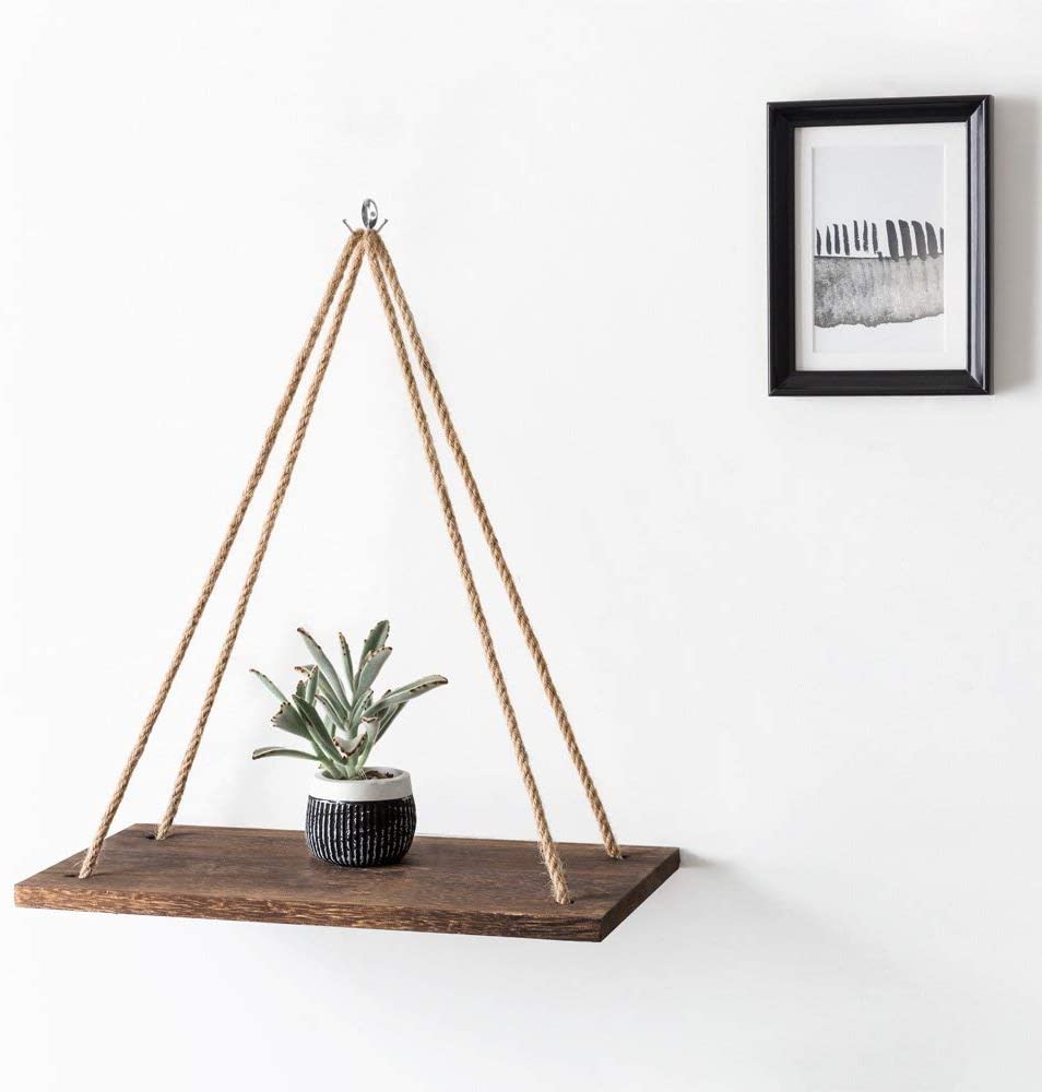 Træ væg hængende hylde swing hængende reb vægmonterede flydende hylder plante blomsterpotte træ rack indendørs udendørs dekoration