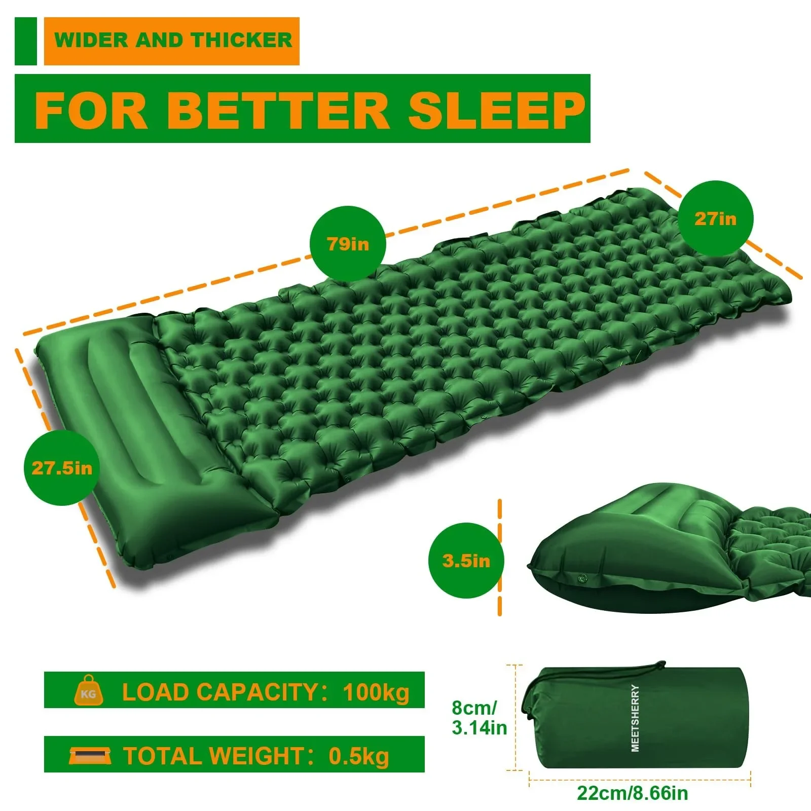 Camping sovunderlag, självuppblåsande campingmadrass uppblåsbar sovmatta med kudde, kompakt campingluftmadrass
