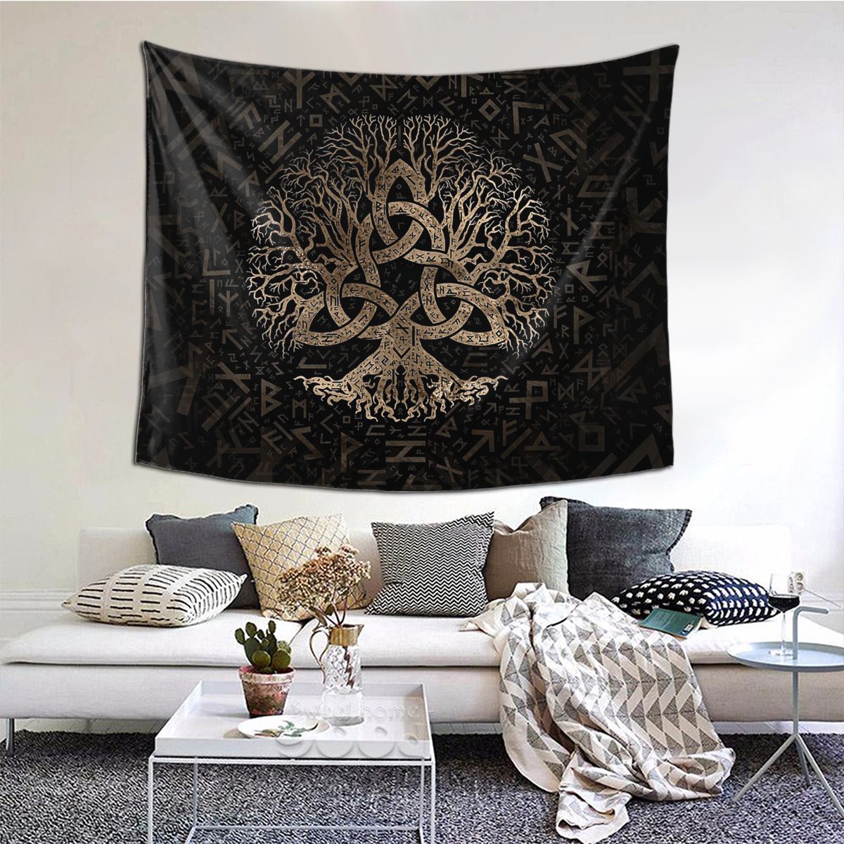 Tree Of Life With Triquetra On Futhark Viking Tapestry Wall Hanging Table Cloth Vikings Valhalla Wall Cloth Polyester Beach Mat: 150x150cm 59x59in