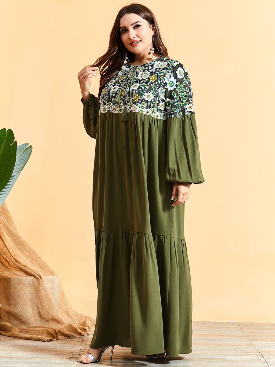 Herfst Winter Jurk Vrouwen Lange Mouw Borduurwerk Bloemen Elegante Jurk Maxi Lange Moslim Jurken Plus Size Islamitische Kleding