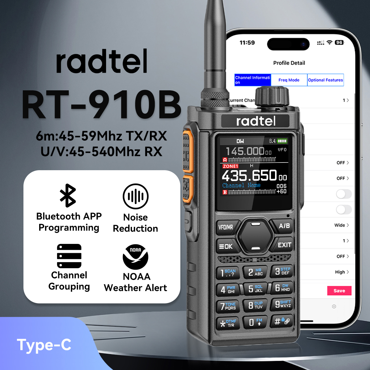 Radtel RT-910B Bluetooth App Programmierung und Rauschunterdrückung Amateurfunk 45-59 MHz TX RX Walkie Talkie Air Band NOAA Police Marine