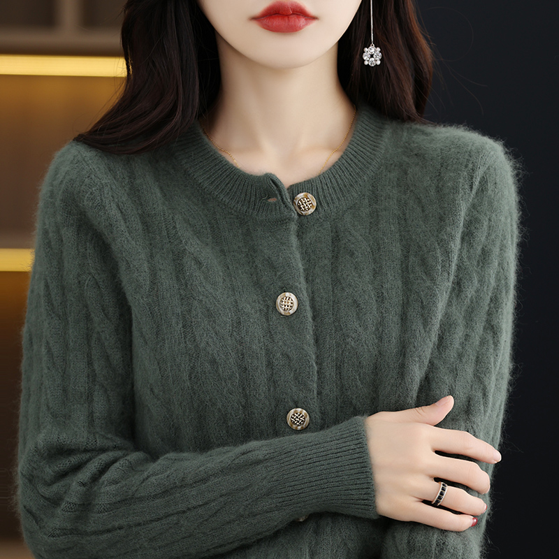 Cárdigan de Cachemira de visón para mujer, suéter con cuello redondo, abrigo de punto grueso, chaqueta holgada informal, camisas Base, Otoño, 100%: XL / Verde militar