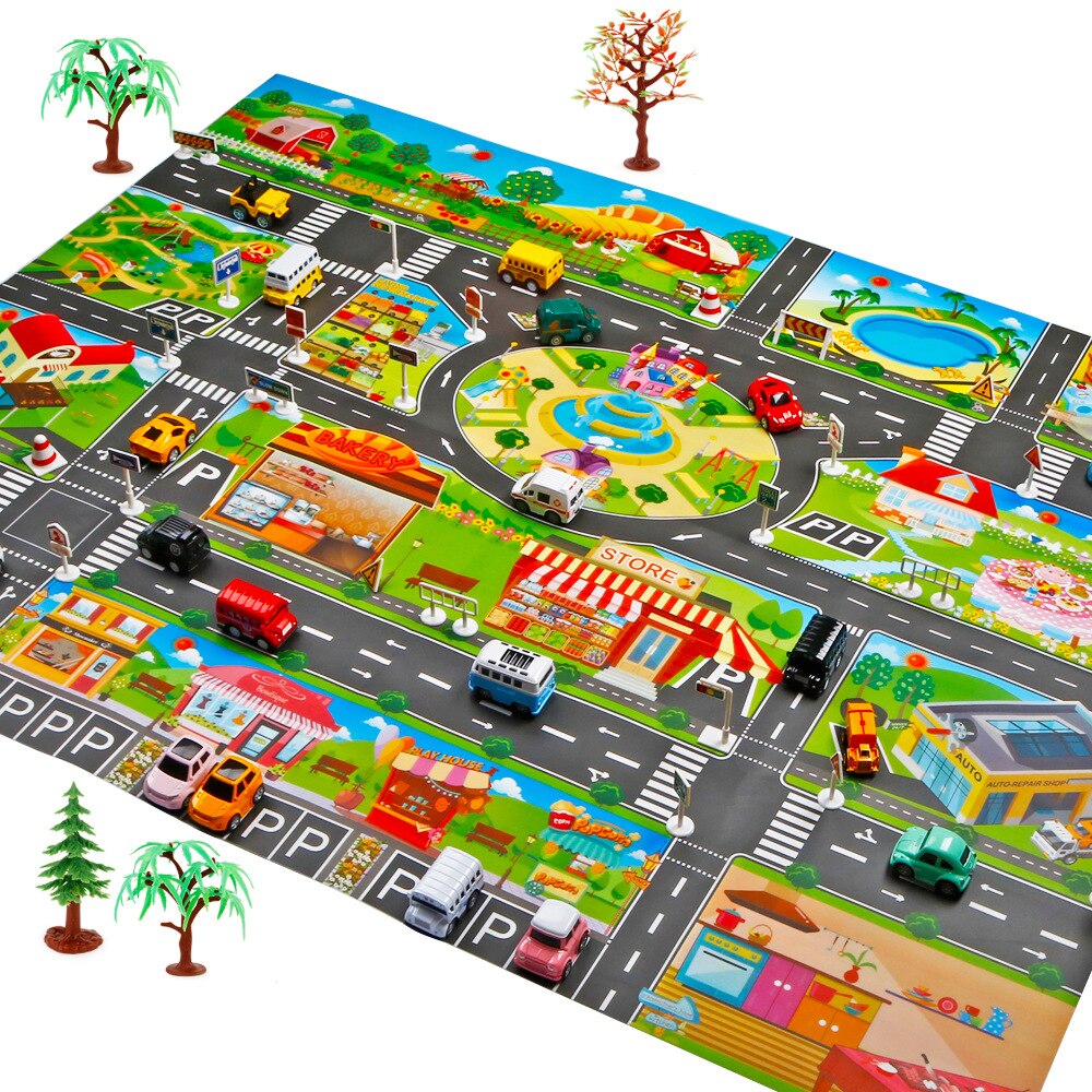Utrikeshandel gränsöverskridande 130*100 rena engelska barn leker hus trafik bil spel matta parkering scen karta