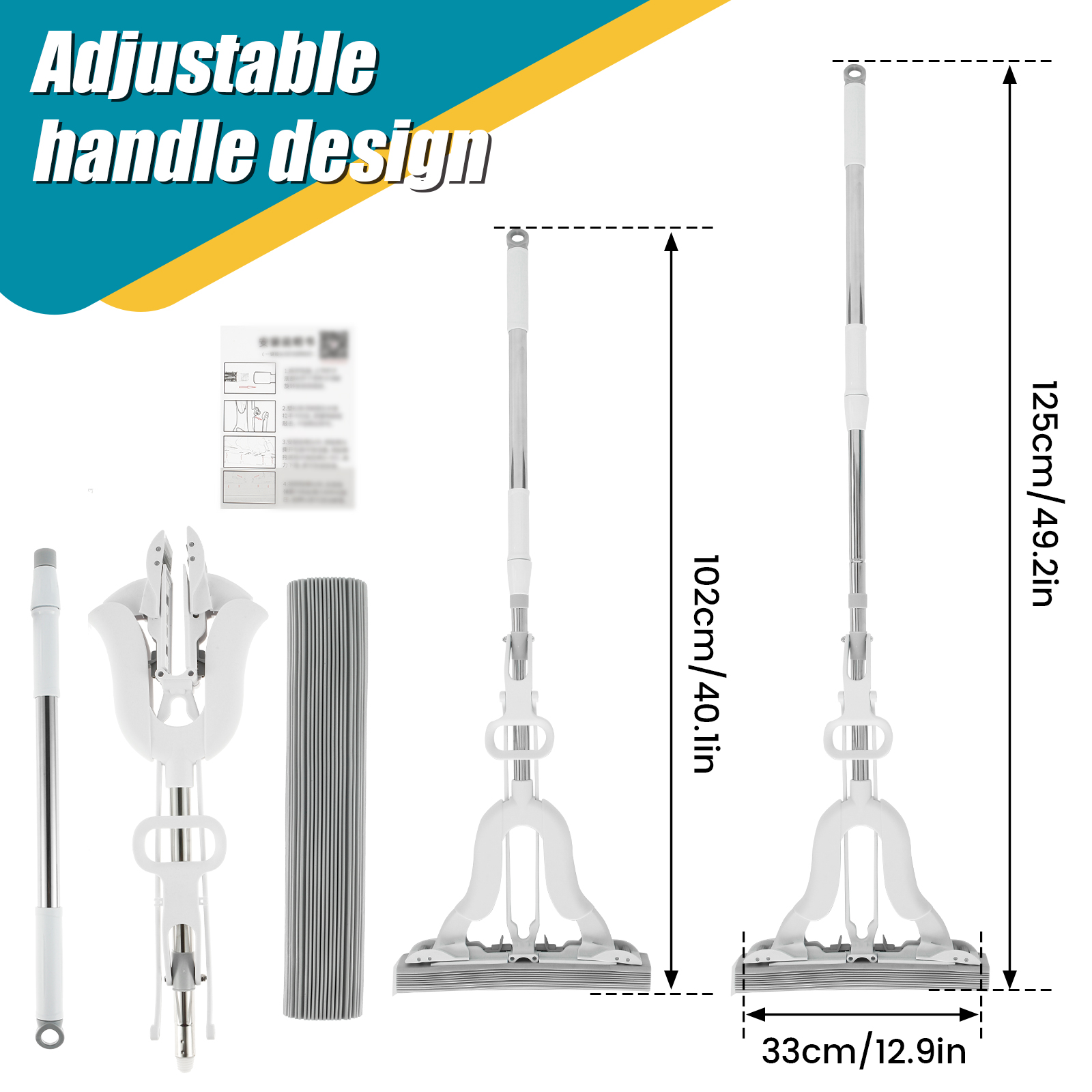PVA-sponsmop Zelfwringende sponsrolmop met verstelbare handgreep Superabsorberende spons Vloermop Huishoudelijk schoonmaakgereedschap