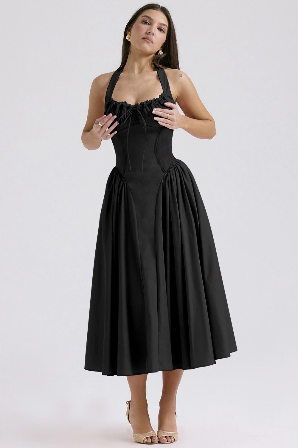 Vintage blomstret halterneck midi sommerkjole dame højtaljet pink blå sort rød kjole sommerkjoler kvinde fødselsdagskåbe: S / Mørkegrå
