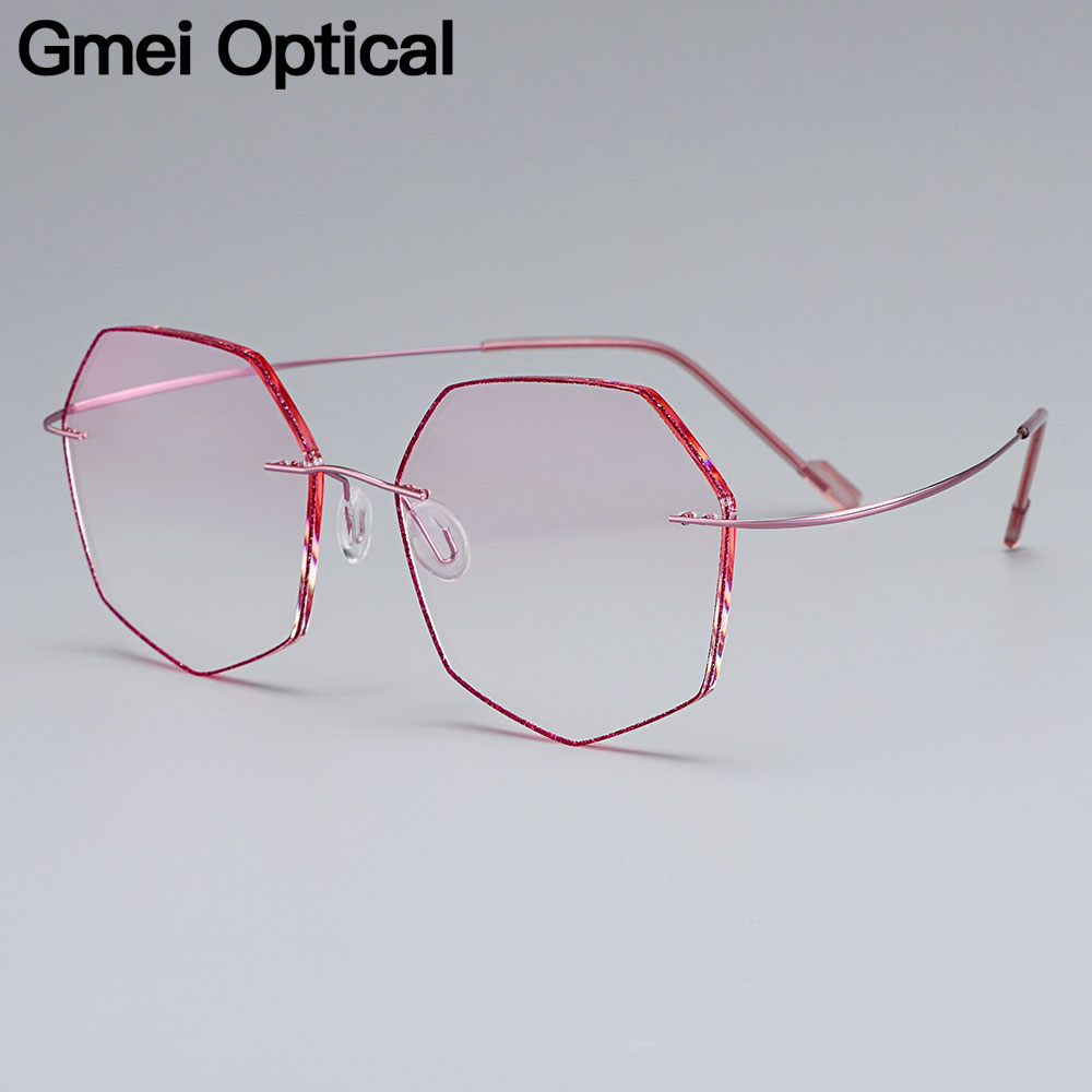 Gmei Optical Ultra-light Pink Titanium Alloy Women's Rimless Glasses Frame With Gradient Pink Tint Plano Lenses T80892