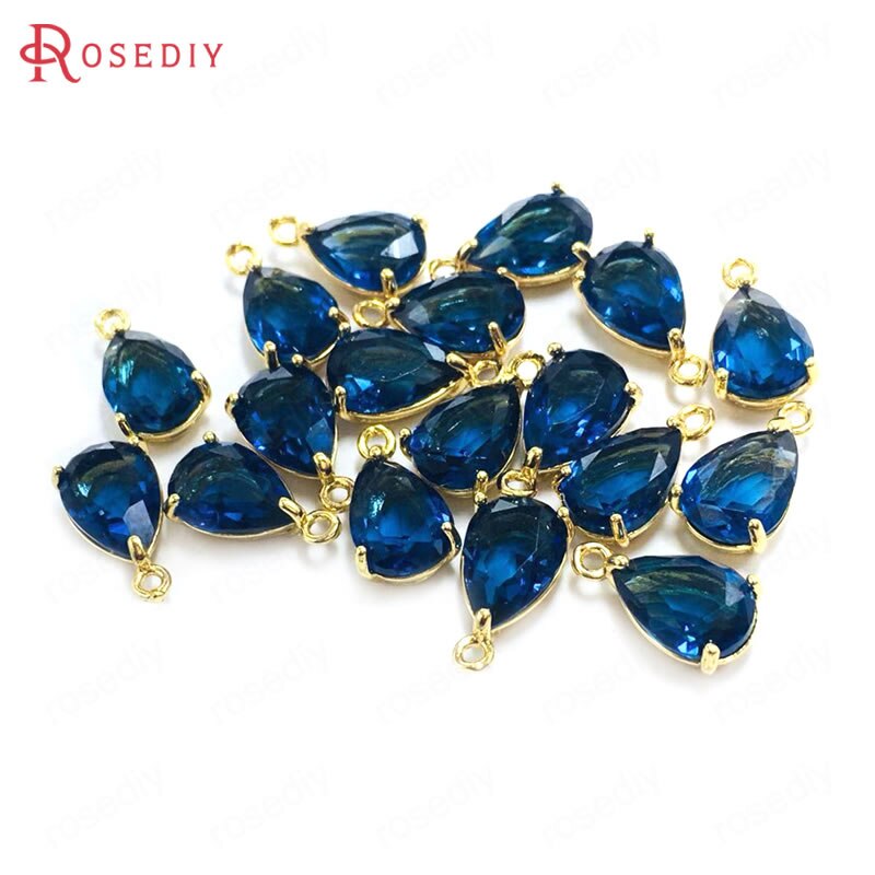 10PCS 7x10MM 24K Champagner Gold Farbe Messing und Glas Tear Form Charms Anhänger Schmuck machen Liefert Diy Zubehör: Dark Blue