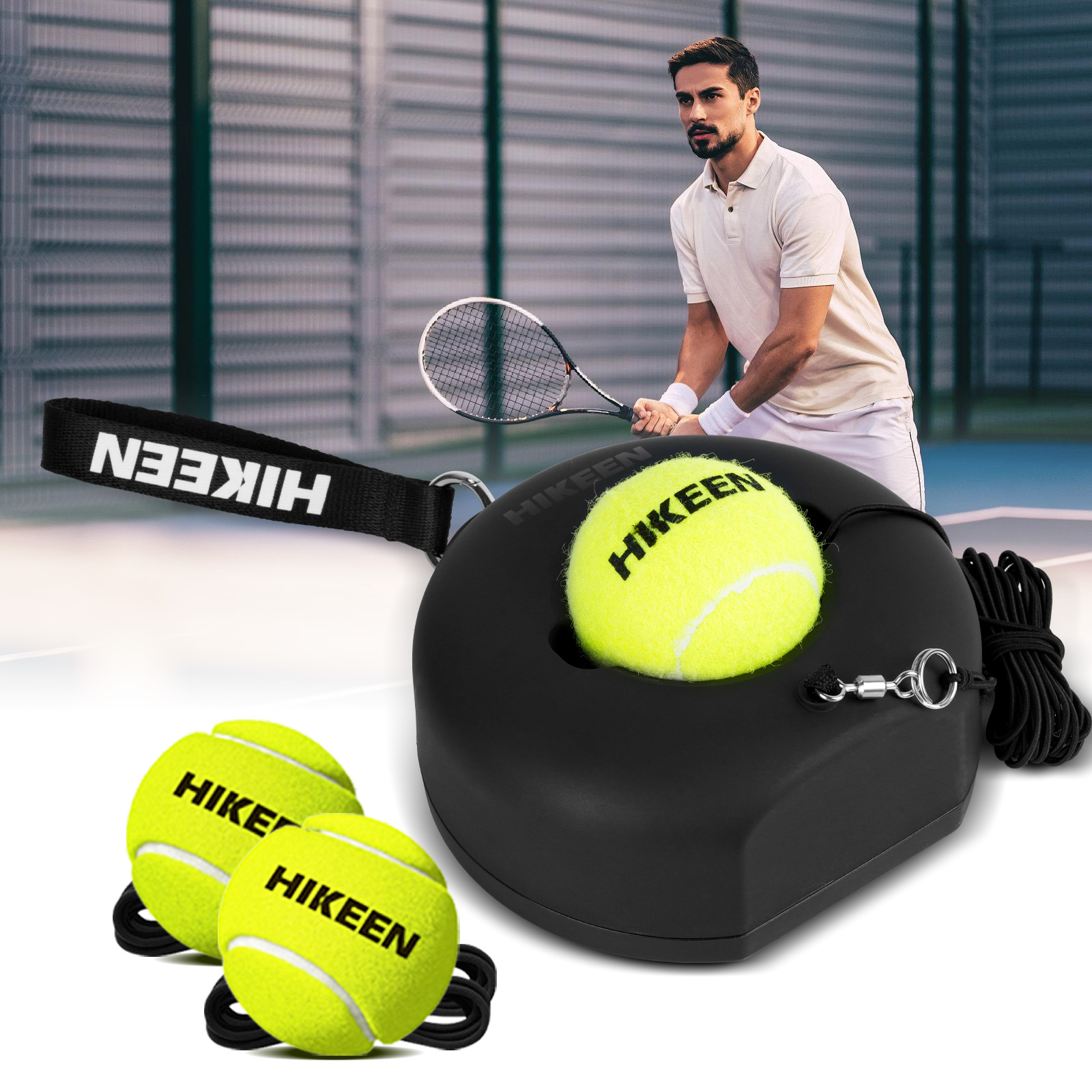 Hikeen Premium entraîneur de Tennis rebond avec Base en métal, ensemble d'entraînement de Tennis Solo Portable avec 3 balles à cordes hautement élastiques: gris