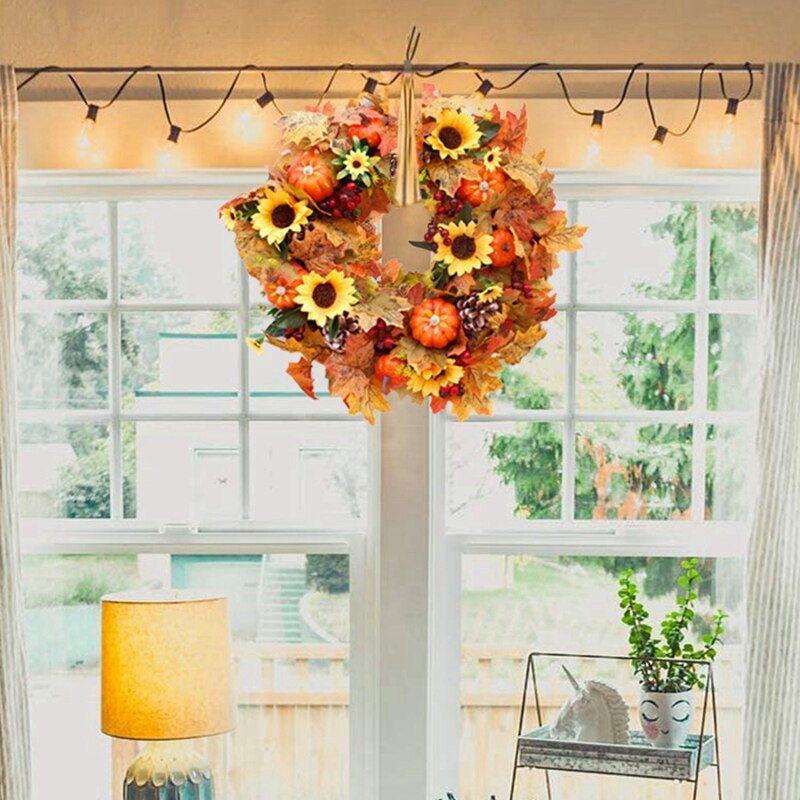 Kunstmatige Zonnebloem Pompoen Pine Cone Berry & Maple Leaf Krans, Voor Halloween & Thanksgiving Thuis Arrangement Decoratie