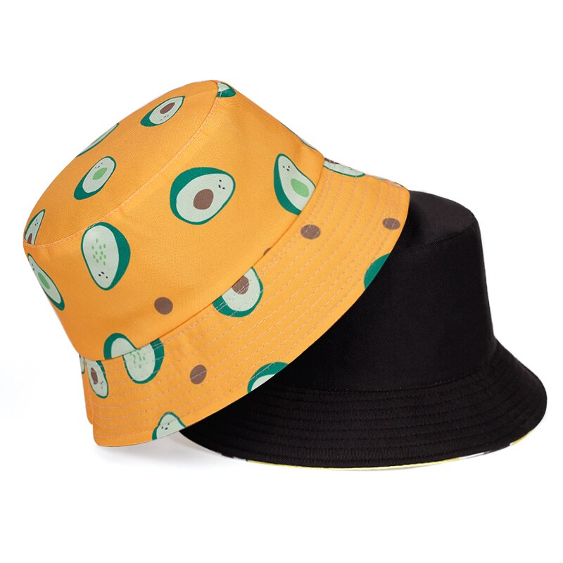 Neutrale fruit bedrukte vissershoed heren outdoor reis zonnehoeden dubbelzijdig draagbare zomerhoed panama emmerhoed: Gele peer