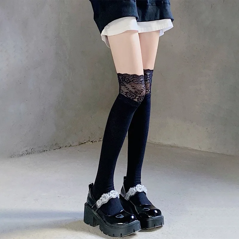 Calzini Donna Autunno/Inverno Tinta unita Coscia alta in pizzo Carino Lolita Calze spesse e calde Calzini a gamba lunga bianchi neri per le donne: Blu