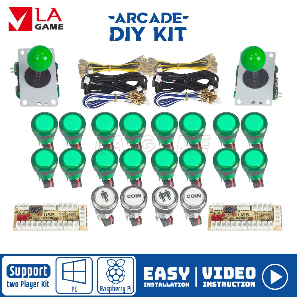 Kit Arcade 2 Speler Nul Vertraging Mando Arcade Usb Encoder Om Pc Rasberry Pi 33Mm Led Drukknop Joystick usb Arcade Kast: All Green